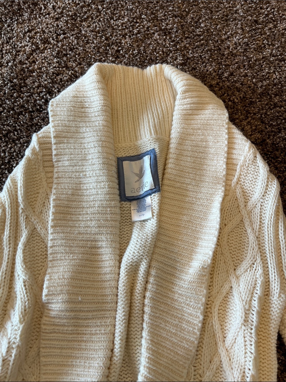 Vintage Aerie Cream Cable-Knit Shawl Collar Sweater